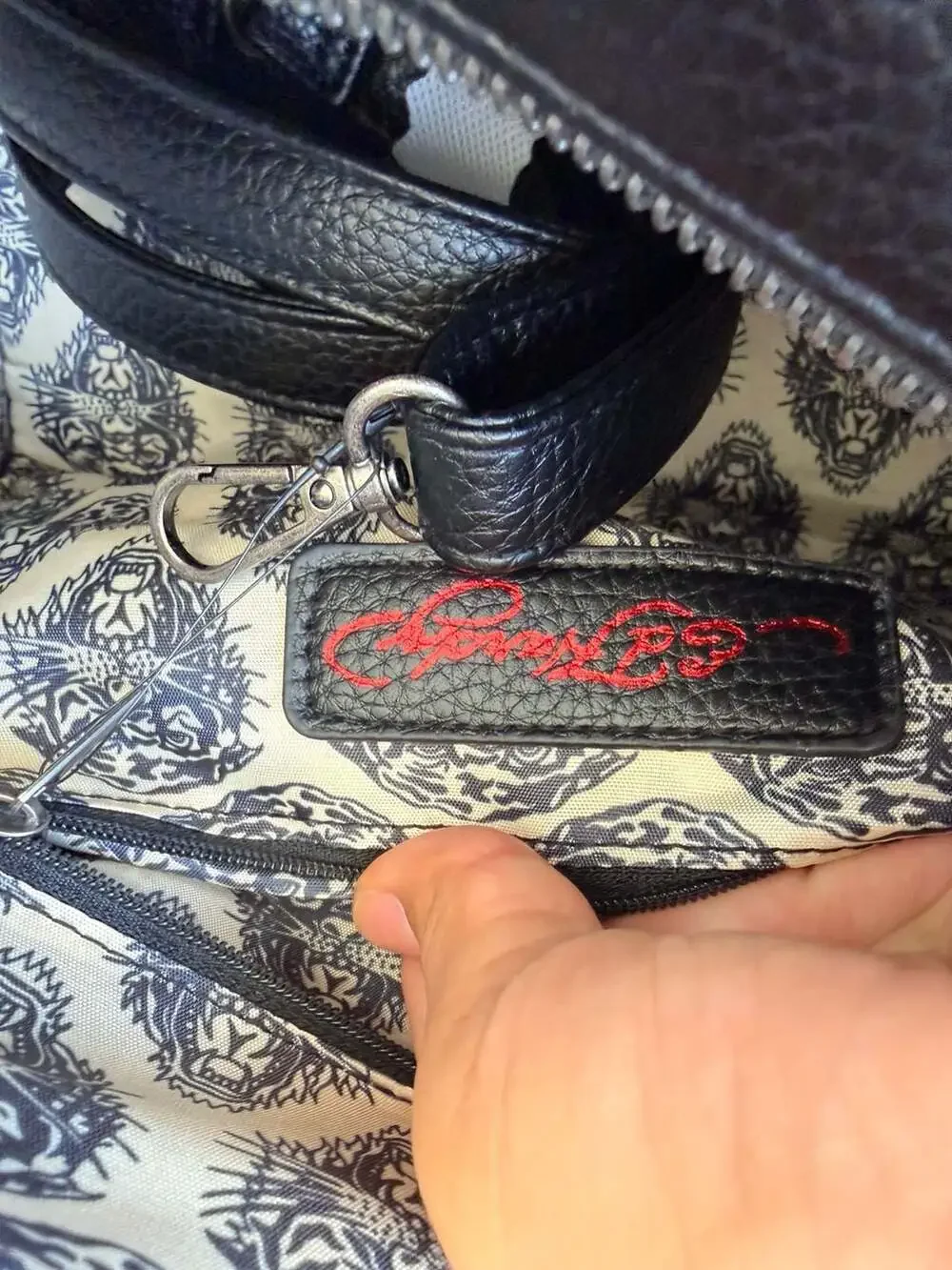 Ed Hardy VeganLeather and Denim Satchel CrossbodyHandbag with Eagle and SkullRns